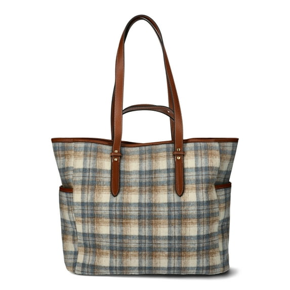 Time and Tru Women's Plaid Double Handle Large Tote Bag, Brown