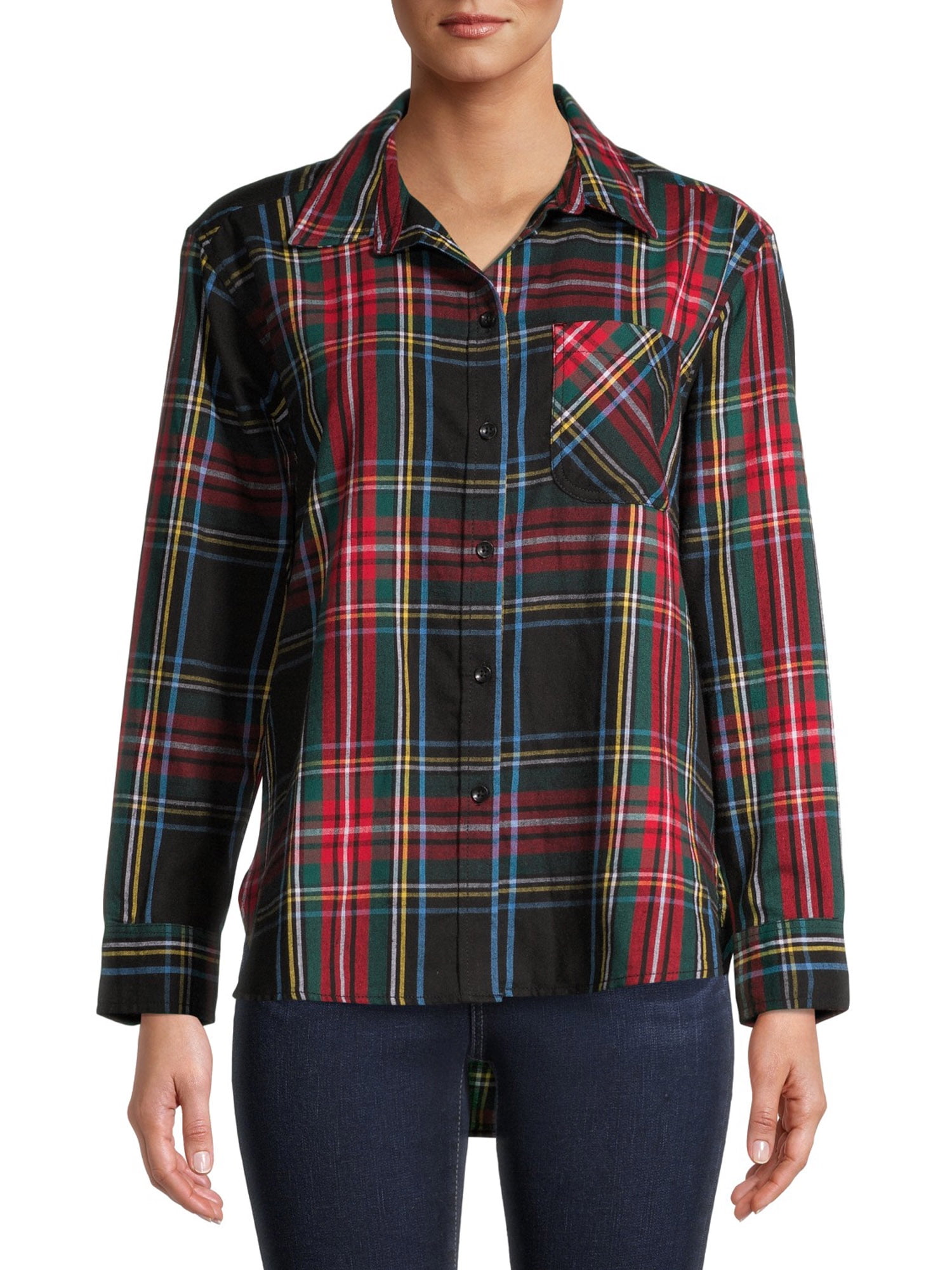 Time and Tru Women's Plaid Flannel Button Front Shirt