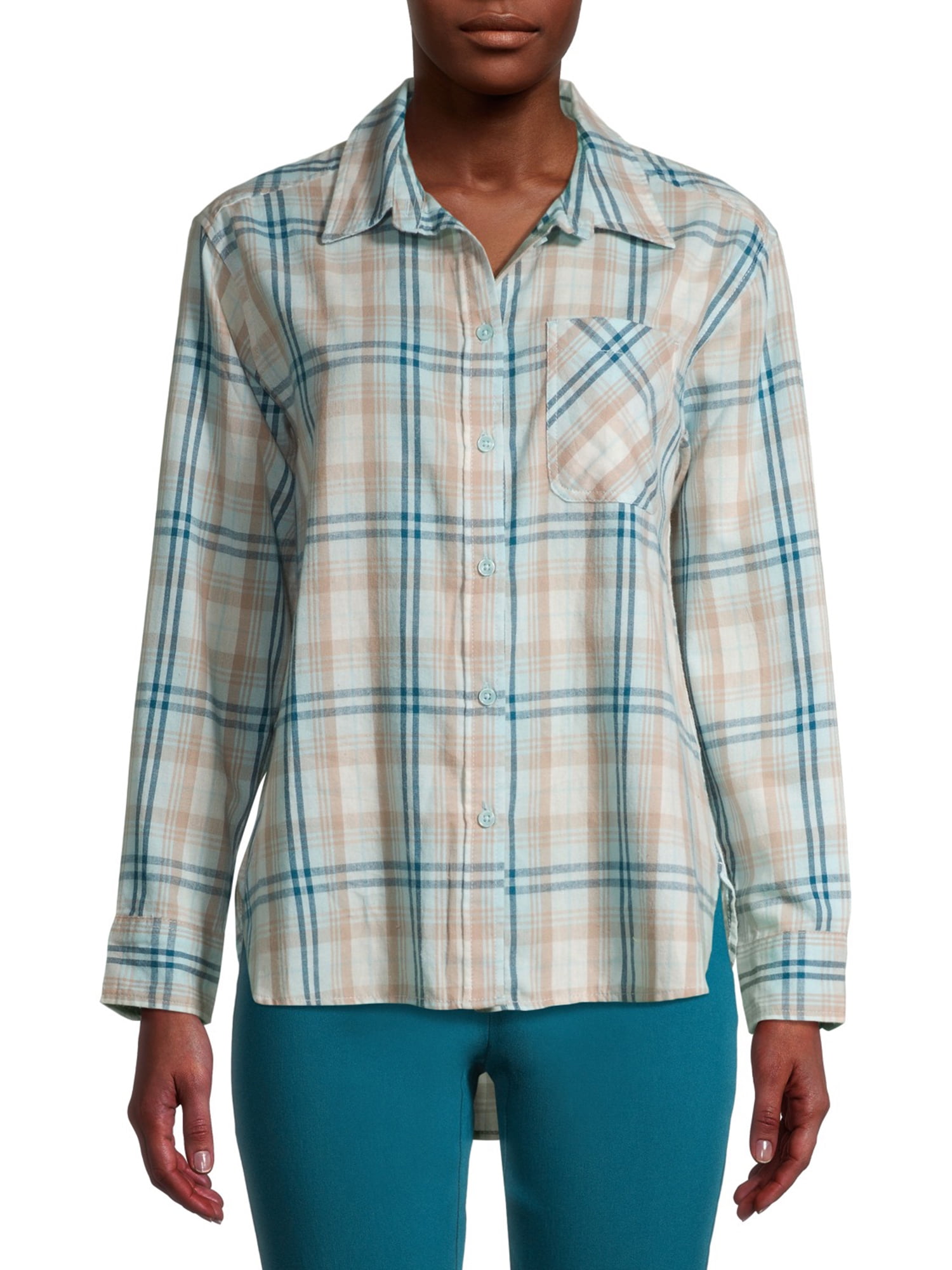 Time and Tru Women's Plaid Flannel Button Front Shirt