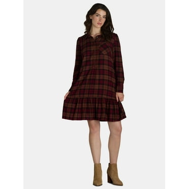 Time and Tru Women's Plaid Mini Dress with Long-Sleeves, Sizes XS-XXXL