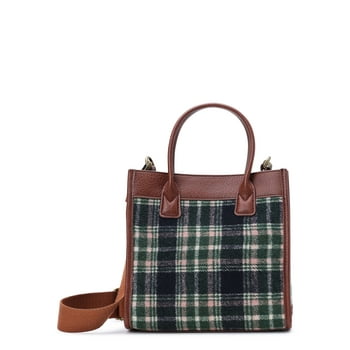 Time and Tru Women's Plaid Mini Tote Bag with Removable Strap, Navy Plaid