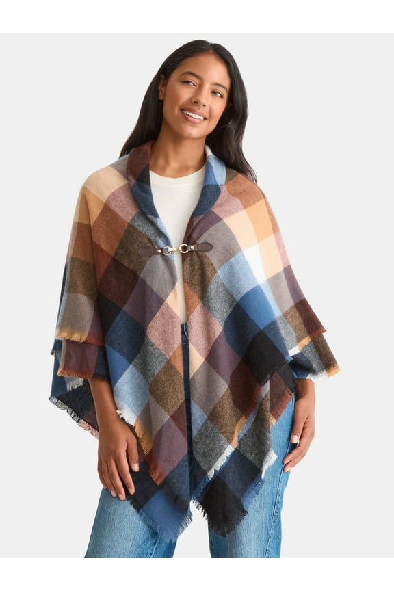 Women's Plaid Toggle Poncho, Tan/Brown, Size S/M