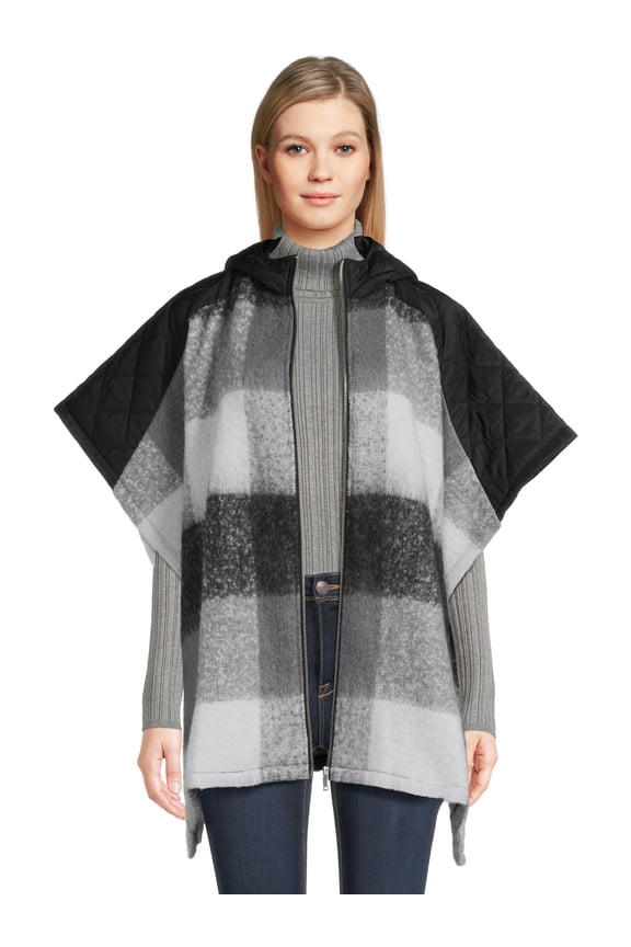 Women’s Plaid Zip Poncho with Hood, Sizes S/M-L-XL