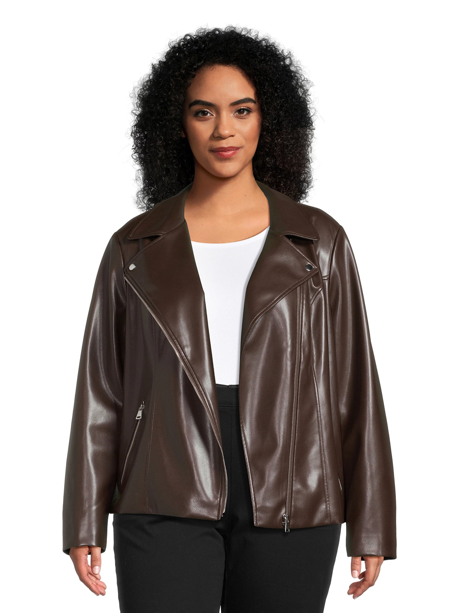 Time and Tru Women's Plus Asymmetrical Faux Leather Jacket