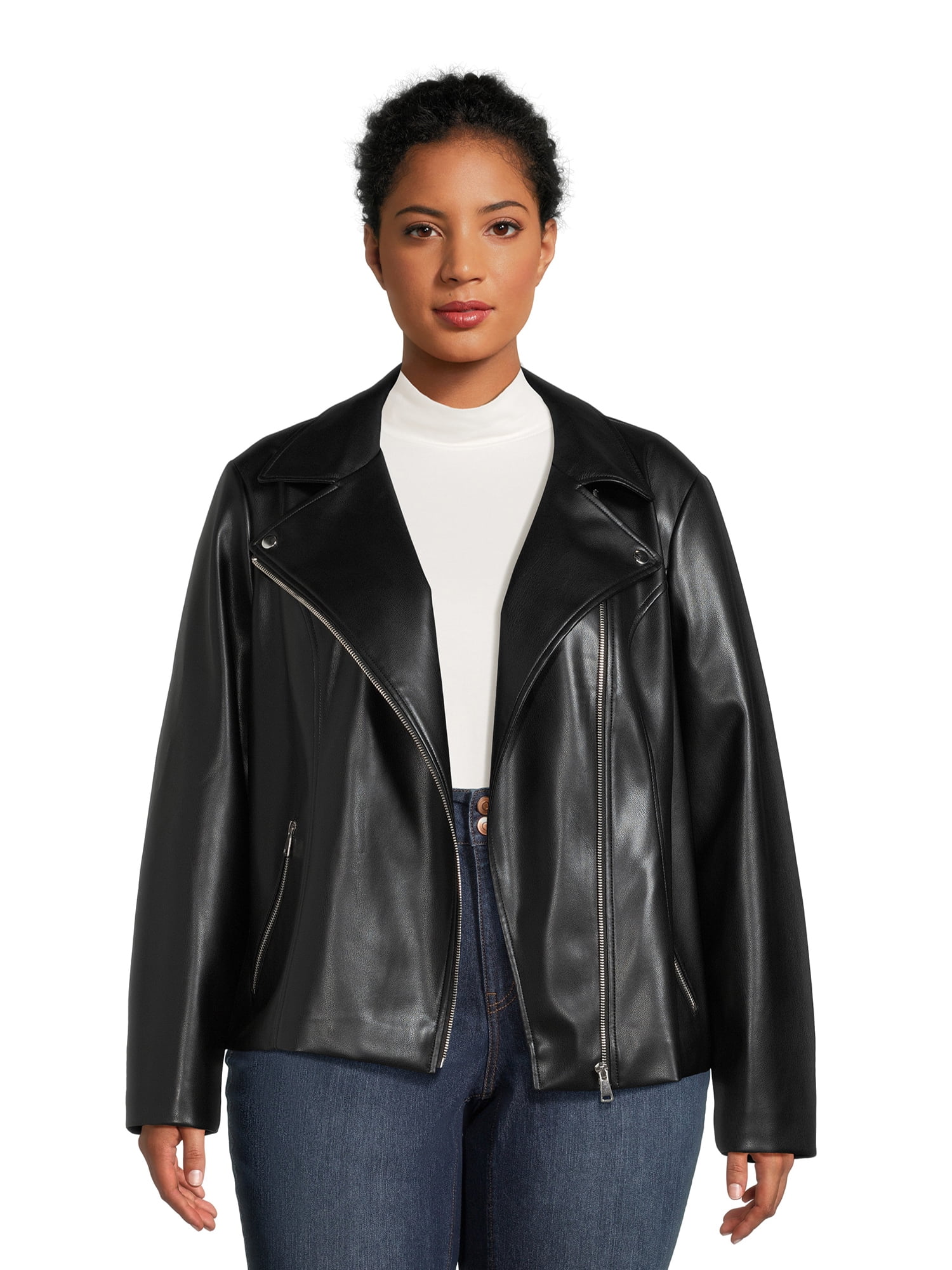 Time and Tru Women's Plus Asymmetrical Faux Leather Jacket