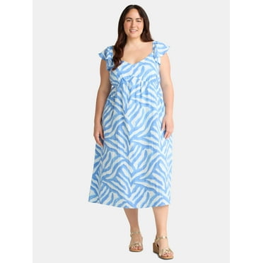 Time and Tru Women's Plus Cotton Midi Dress with Flutter Sleeves, Sizes 1X-4X
