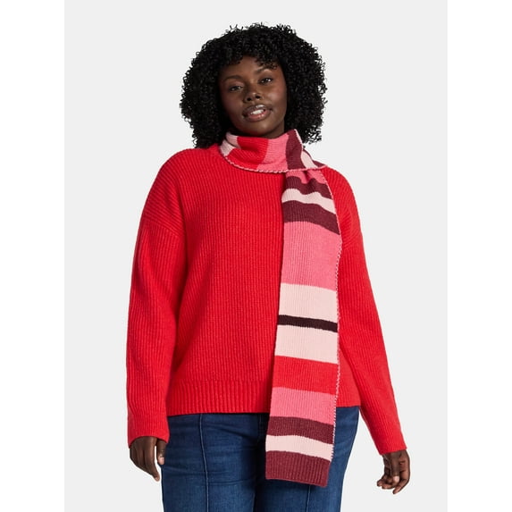 Time and Tru Women's Plus Ribbed Sweater and Stripe Scarf Set, 2 Piece, Sizes 1X-4X