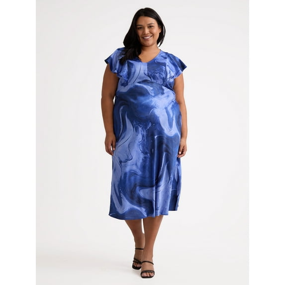 Time and Tru Women's Plus Silky Satin Midi Dress with Flutter Sleeves, Sizes XS-4X