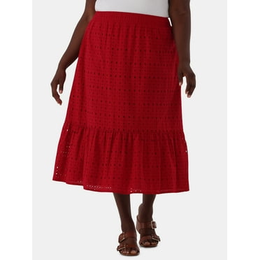 Time and Tru Women's Plus Size Cotton Eyelet Tiered Midi Skirt, Sizes 1X-4X