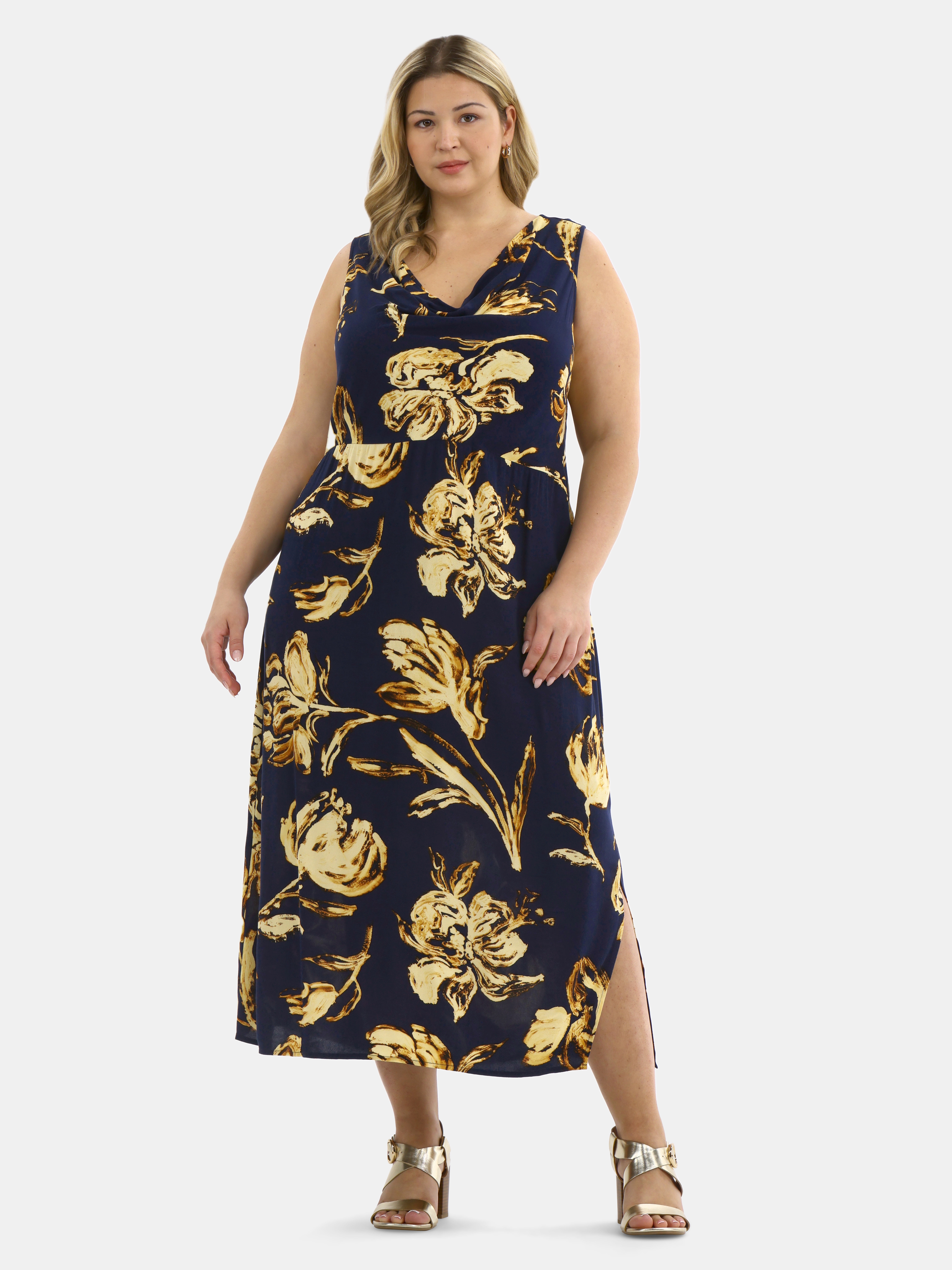 Time and Tru Women's Plus Size Cowl Neck Midi Dress, Sizes 1X-4X