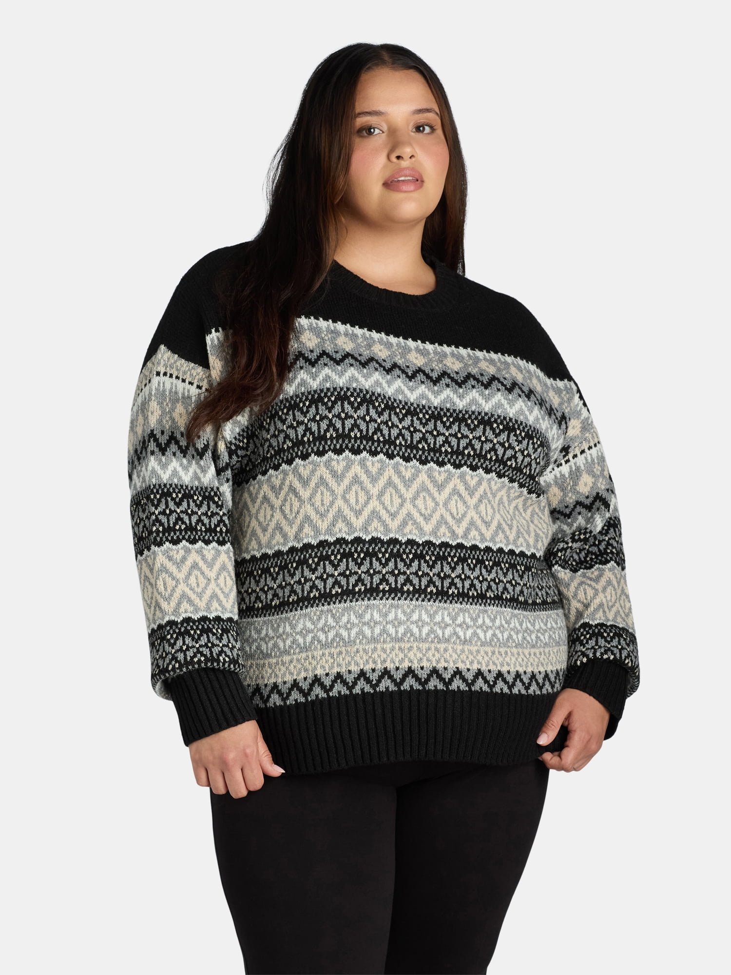 Time and Tru Women's and Women's Plus Fair Isle Pullover Sweater