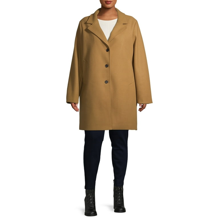 Time and Tru Women s Plus Size Faux Wool Button Front Dad Coat Walmart