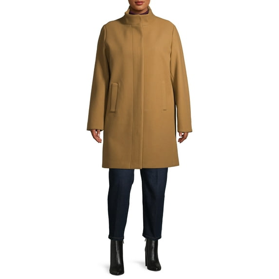 Time and Tru Women's Plus Size Faux Wool Funnel Neck Coat