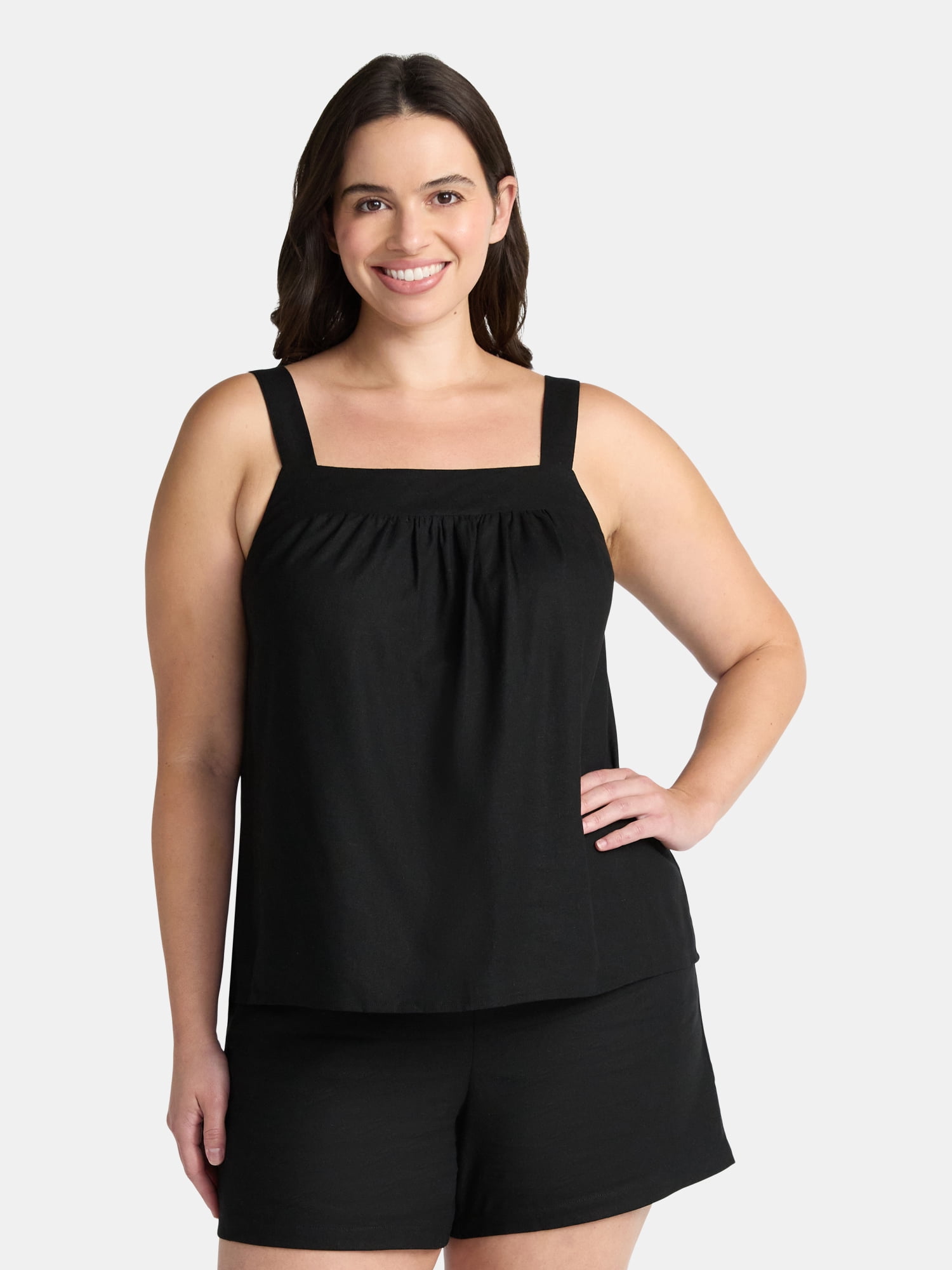 Time and Tru Women's Linen Blend Tank Top and Shorts Set, 2-Piece, Sizes XS-4X