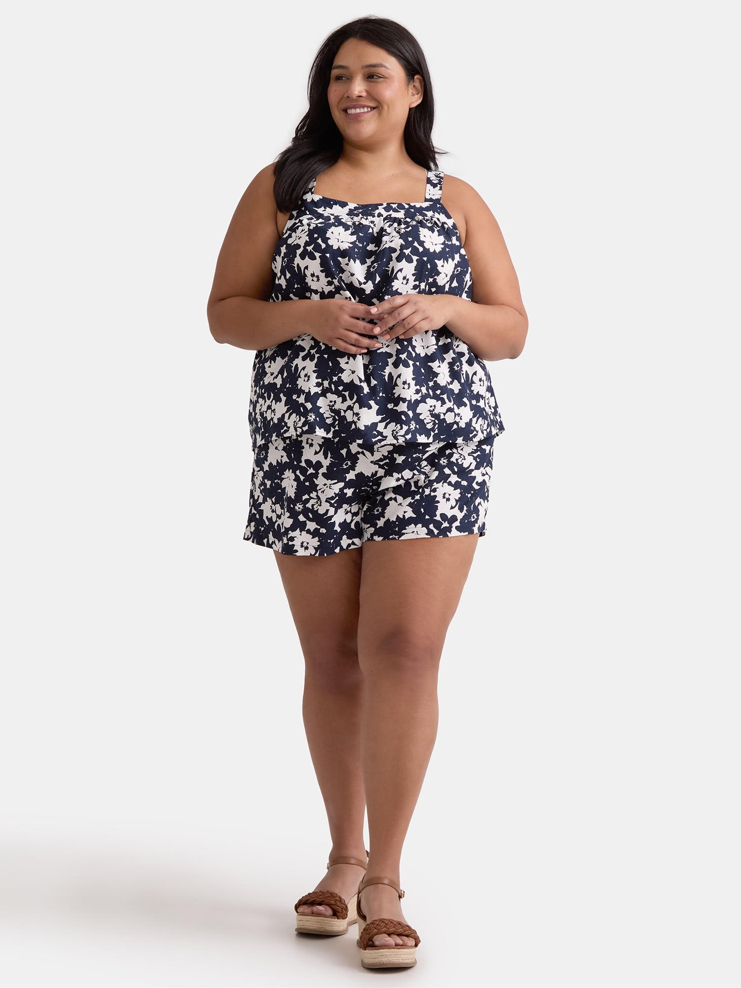 Time and Tru Women's Linen Blend Tank Top and Shorts Set, 2-Piece, Sizes XS-4X