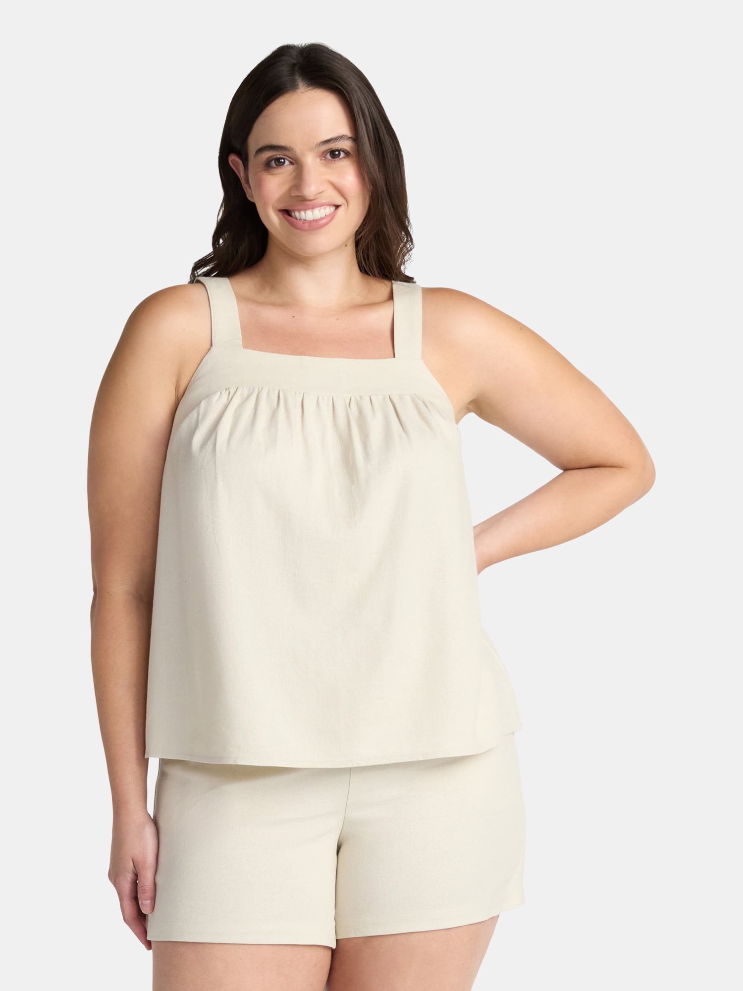 Time and Tru Women's Linen Blend Tank Top and Shorts Set, 2-Piece, Sizes XS-4X