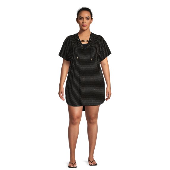 Time and Tru Women's Plus Size Lurex Stripe Terry Cloth Hooded Cover Up
