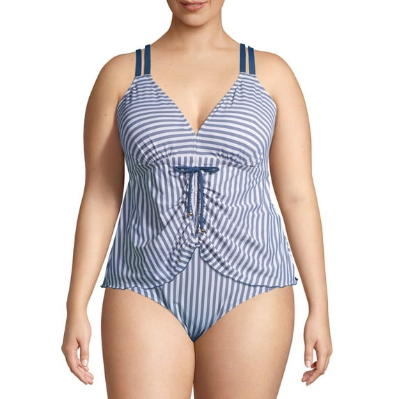 Time and Tru Women's Plus Size Mini Stripe Printed Tankini Swimsuit Top