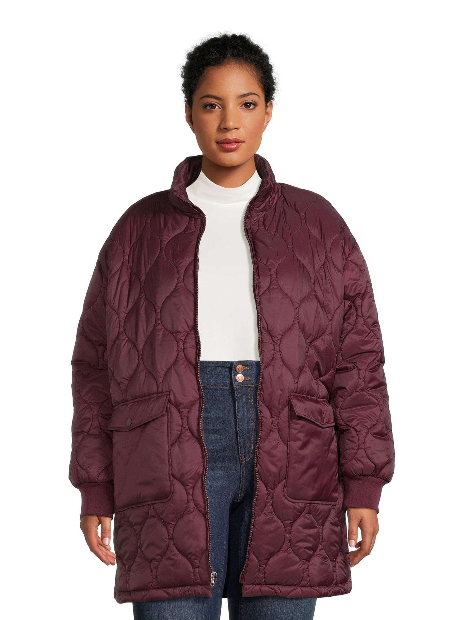 Time and Tru Women's Plus Size Quilted Barn Coat with Belt