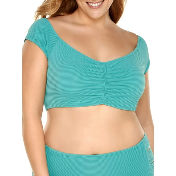 Time and Tru Women's Plus-Size Solid Crinkle Off Shoulder Swimsuit Top