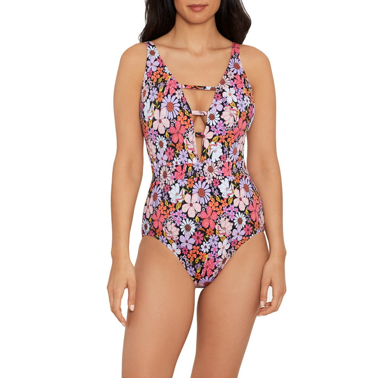 Time and Tru Women’s Plus Size V Strappy Front One Piece Swimsuit