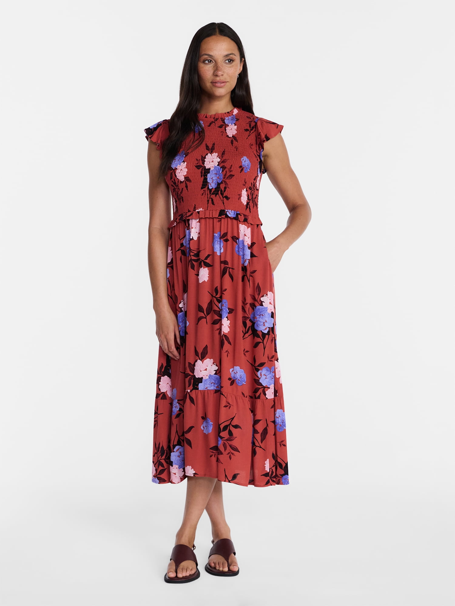 Time and Tru Women's and Women's Plus Smocked Bodice Midi Woven Dress, Sizes XS-4X