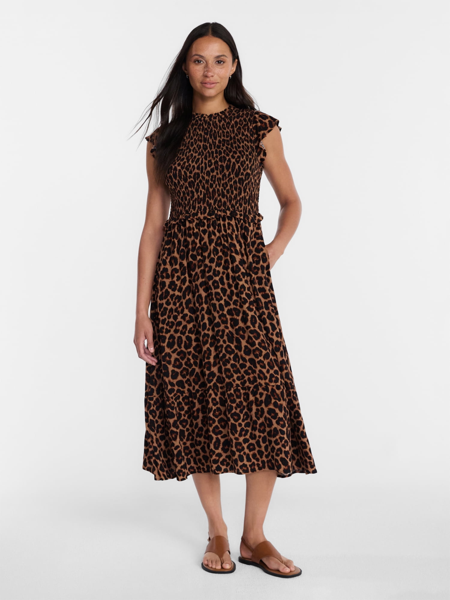 Time and Tru Women's and Women's Plus Smocked Bodice Midi Woven Dress, Sizes XS-4X