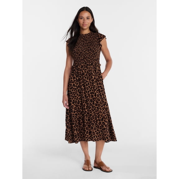 Time and Tru Women's and Women's Plus Smocked Bodice Midi Woven Dress, Sizes XS-4X