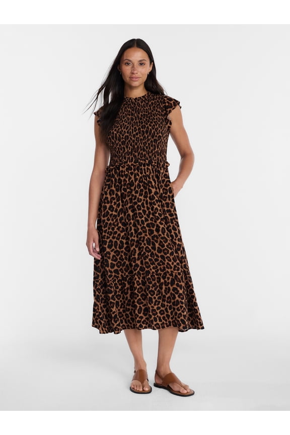 Women's and Women's Plus Smocked Bodice Midi Woven Dress, Sizes XS-4X