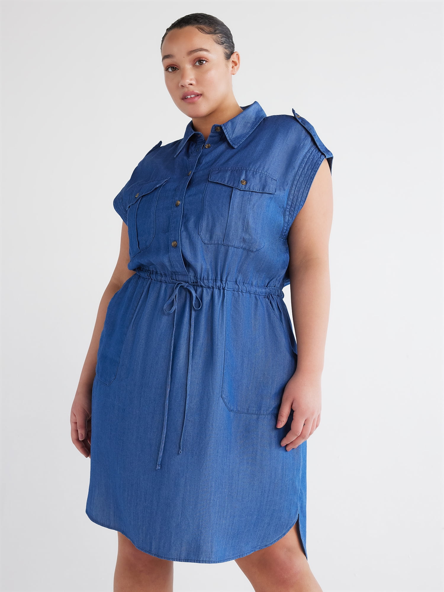 Time and Tru Women's Plus Utility Shirt Dress with Short Sleeves, Sizes