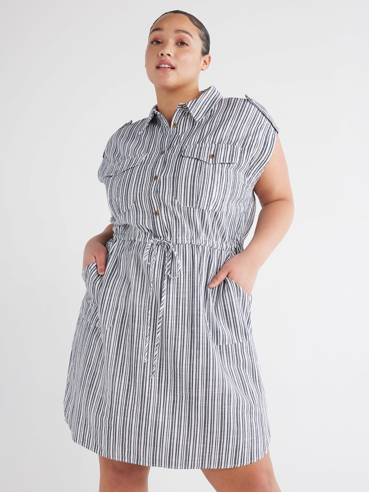 Time and Tru Women's Plus Utility Shirt Dress with Short Sleeves, Sizes