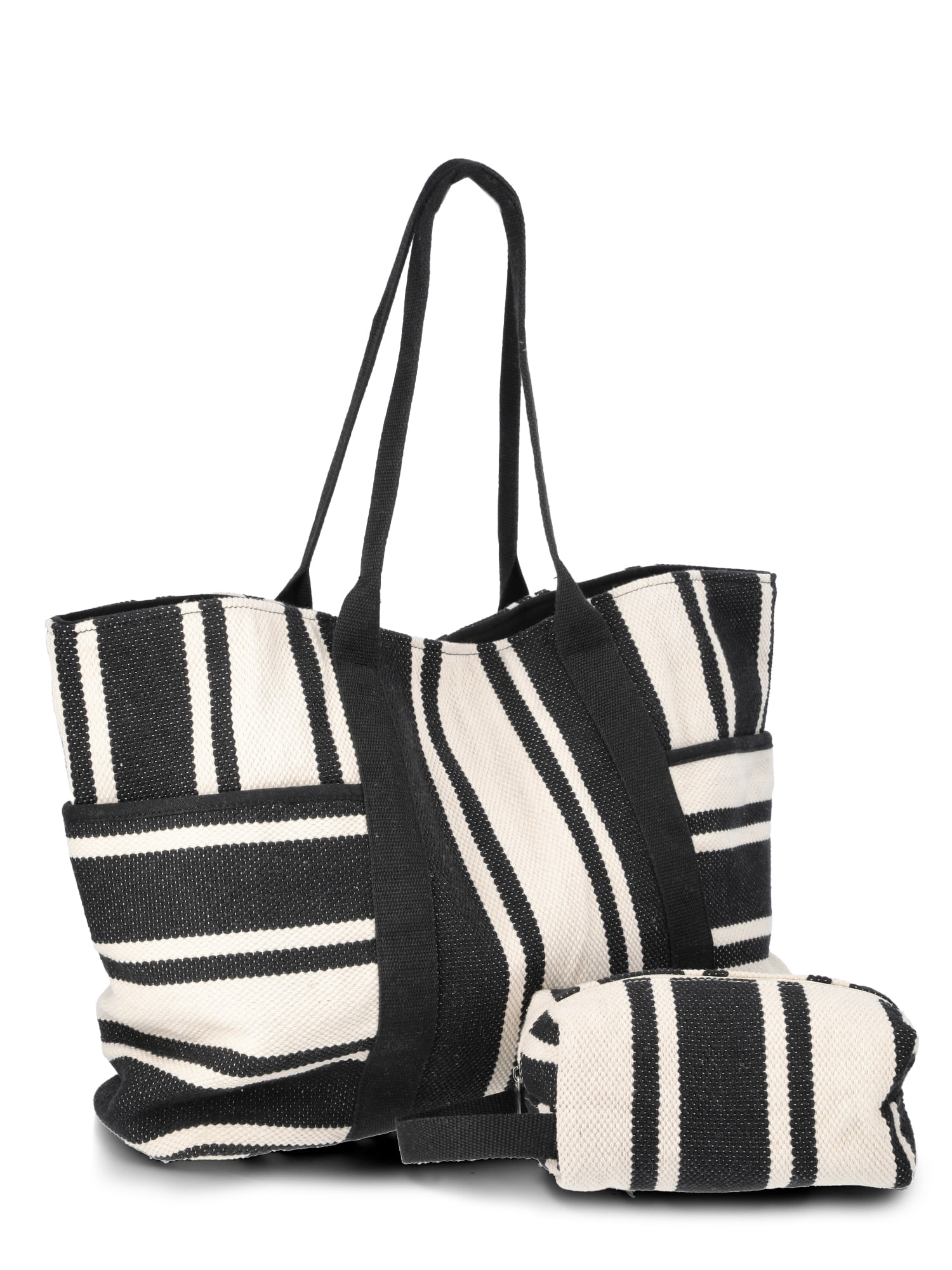 Time and Tru Women's Pocket Tote Handbag and Matching Pouch, Black and White Stripes