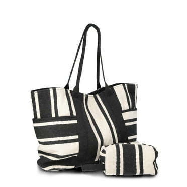 Time and Tru Women's Pocket Tote Handbag and Matching Pouch, Black and White Stripes