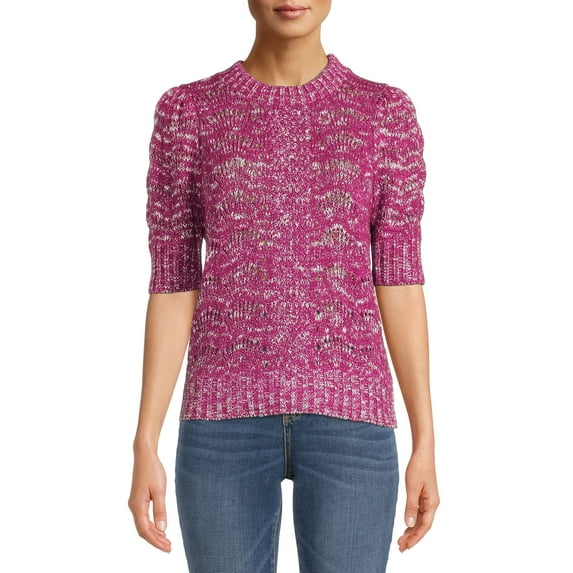 Time and Tru Women's Pointelle Knit Short Sleeve Sweater