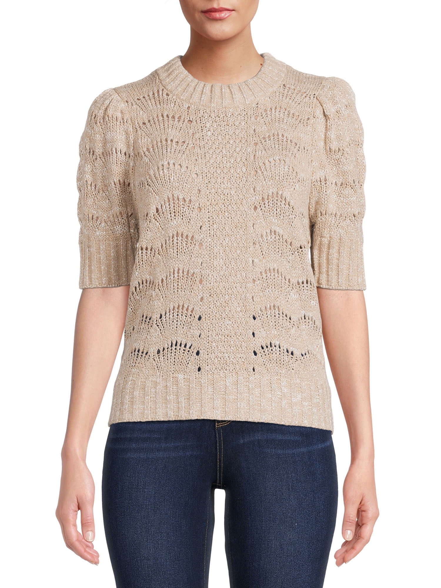 Time and Tru Women's Pointelle Knit Short Sleeve Sweater - Walmart.com