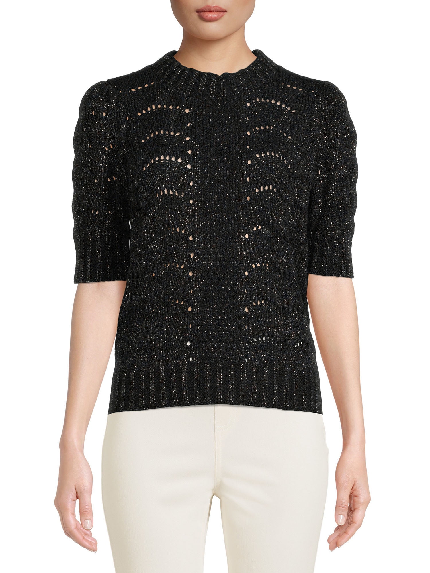 Time and Tru Women's Pointelle Knit Short Sleeve Sweater - Walmart.com