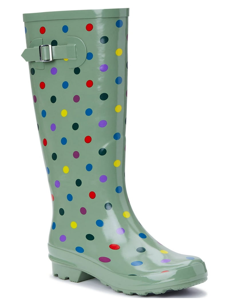 Time and Tru Women's Polka Dot Rubber Rain Boots, Buckle Strap