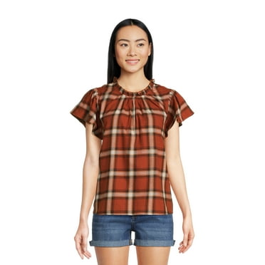 Time and Tru Women's Popover Woven Top with Puff Sleeves, Sizes S-XXXL
