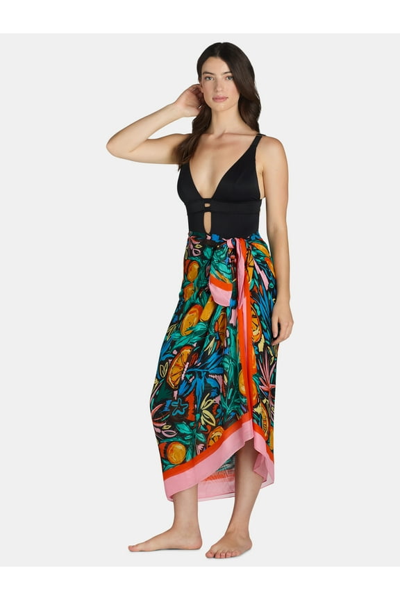 Women's Print Pareo, One Size, Black/Orange