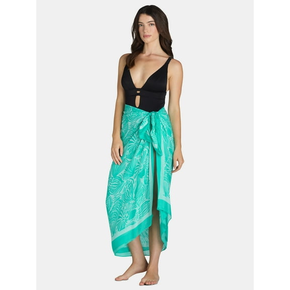 Time and Tru Women's Print Pareo, One Size, Green Waterfall