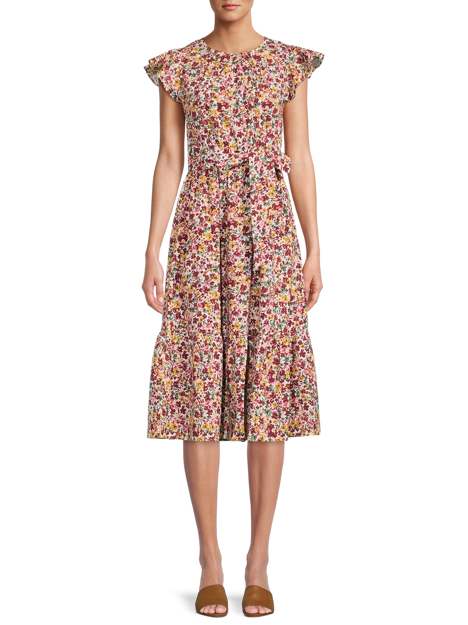 Time and Tru Women's Printed Midi Dress with Flutter Sleeves