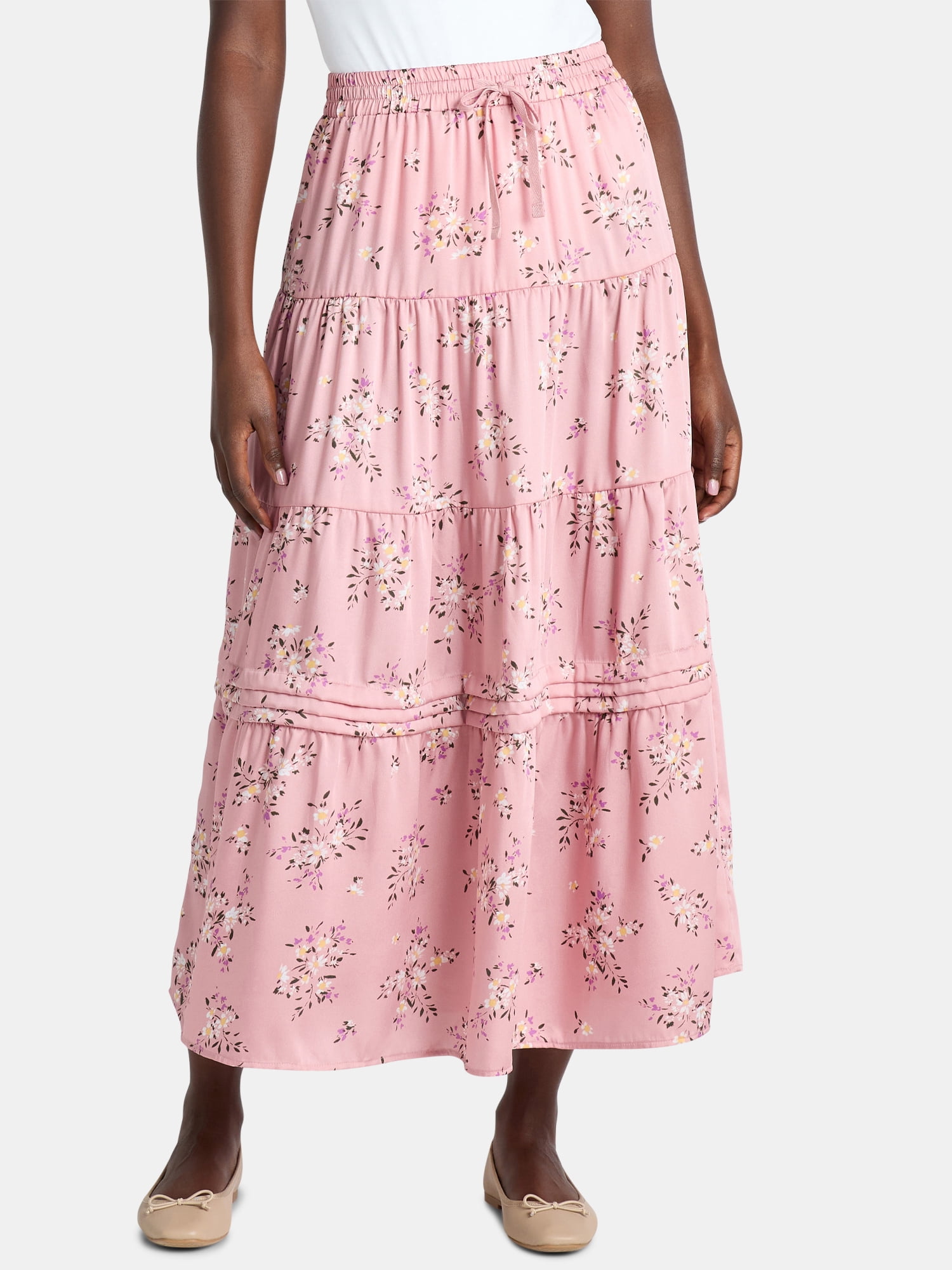 Time and Tru Women's Printed Tiered Midi Skirt, Sizes XS-XXXL
