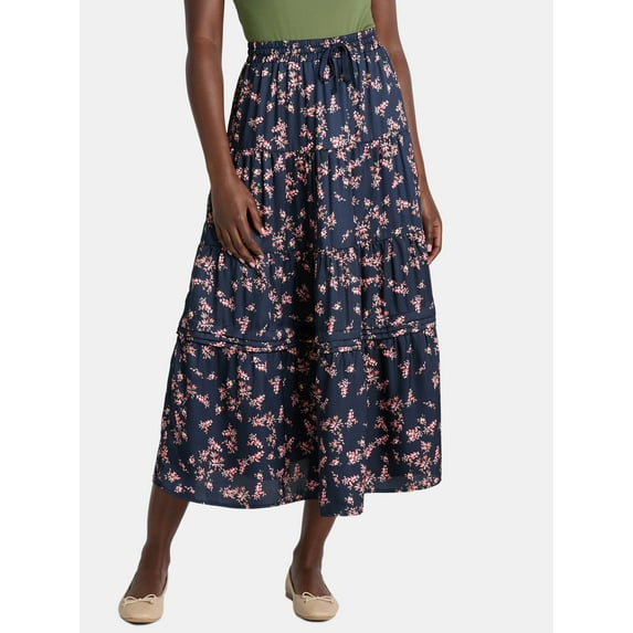 Time and Tru Women's Printed Tiered Midi Skirt, Sizes XS-XXXL