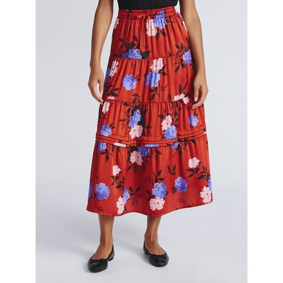Time and Tru Women's Print Tiered Pull On Midi Skirt, Sizes XS-XXXL