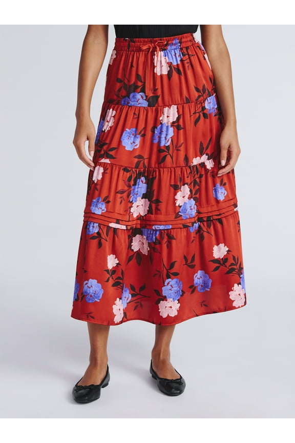 Women's Print Tiered Pull On Midi Skirt, Sizes XS-XXXL