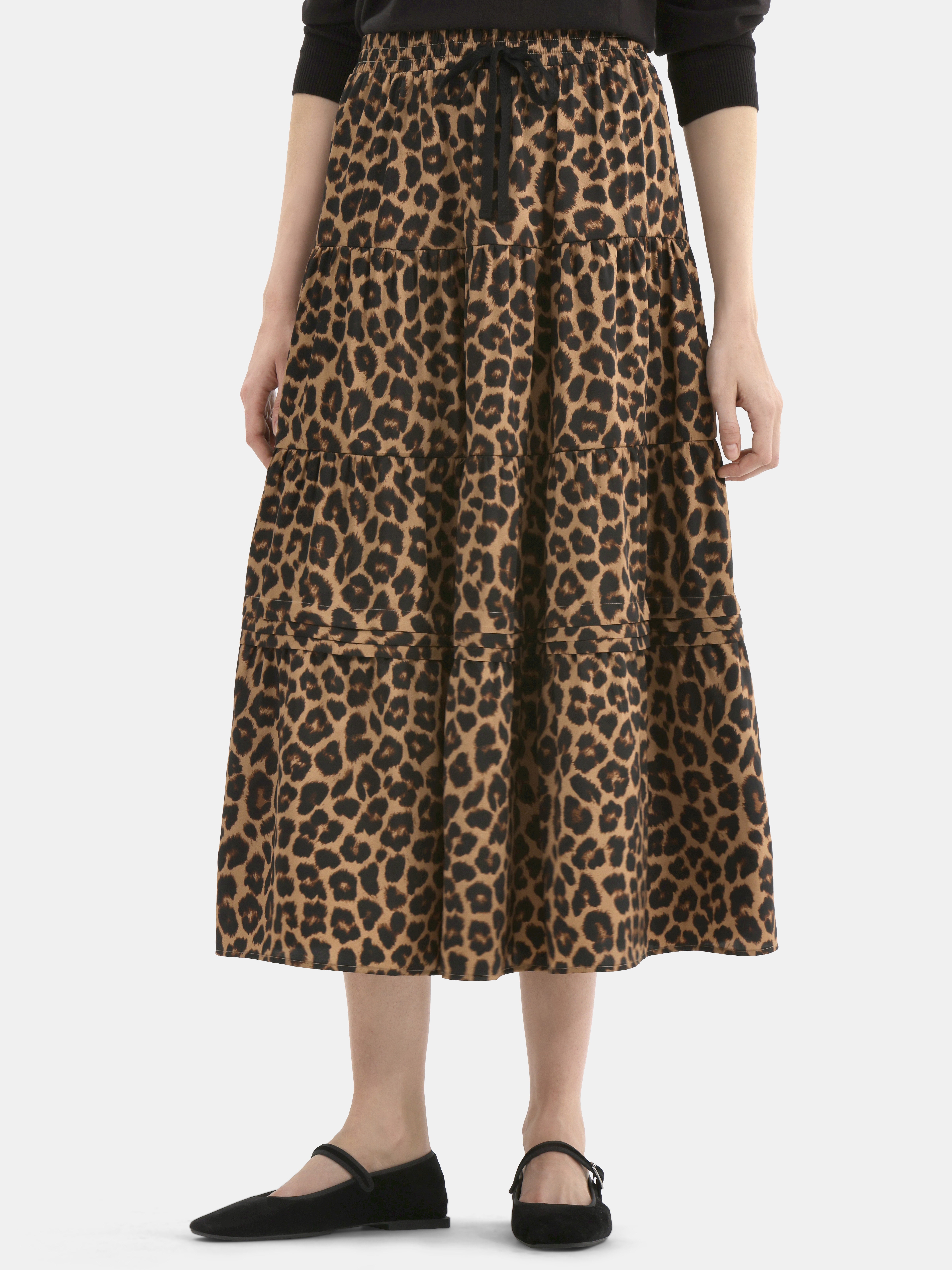 Time and Tru Women's Printed Tiered Midi Skirt with Elastic Waistband, Sizes XS-XXXL