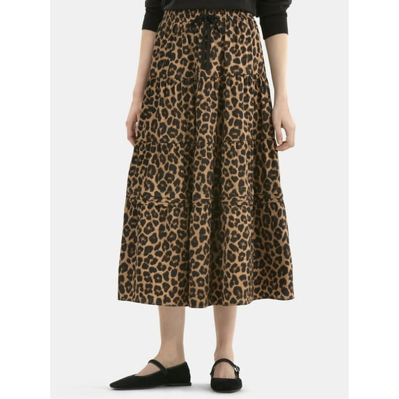 Time and Tru Women's Print Tiered Pull On Midi Skirt, Sizes XS-XXXL