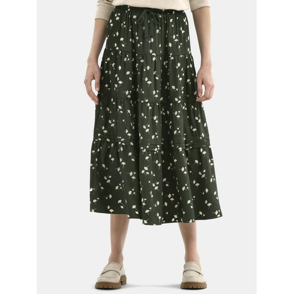 Time and Tru Women's Print Tiered Pull On Midi Skirt, Sizes XS-XXXL