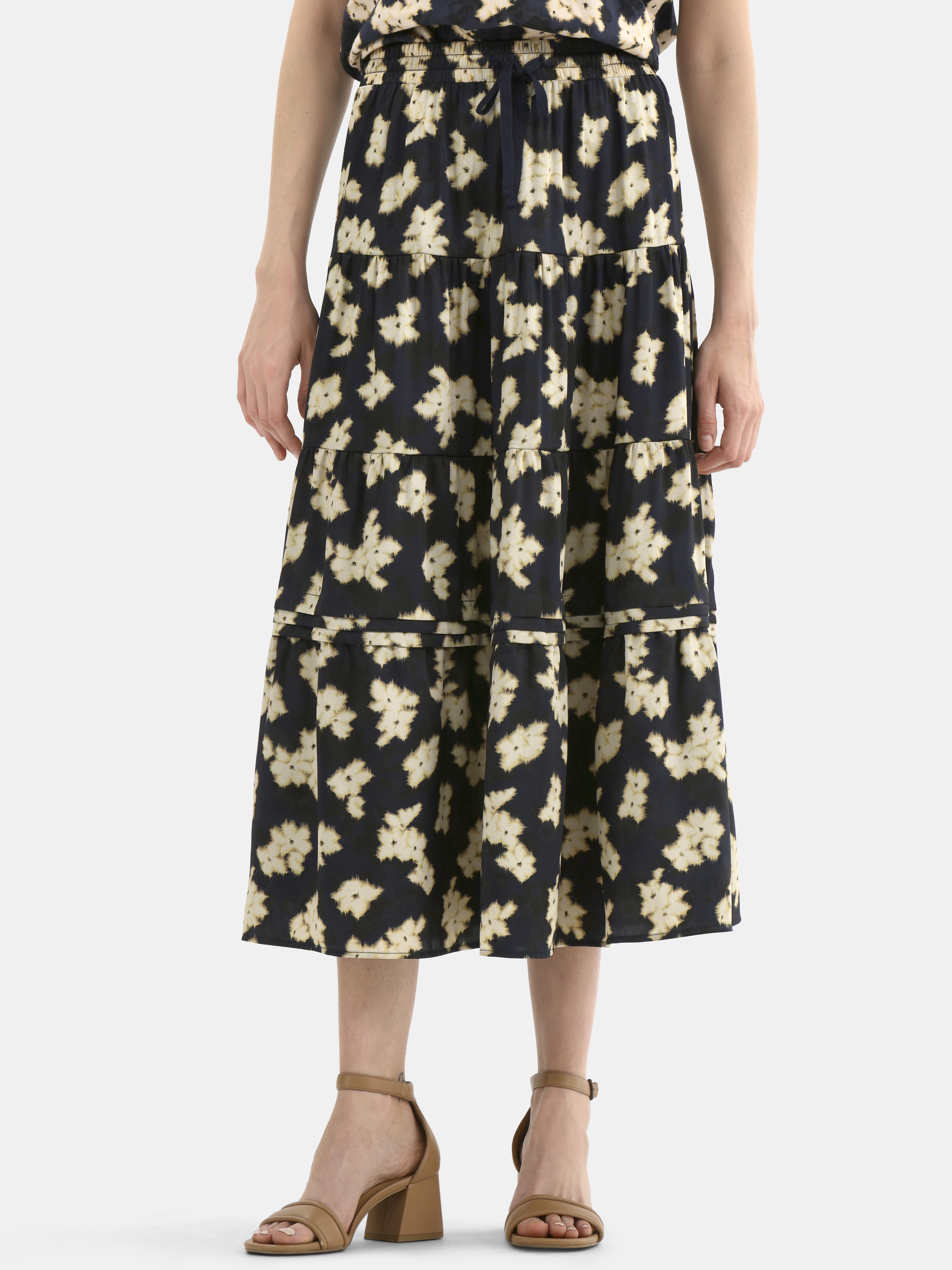 Time and Tru Women's Print Tiered Pull On Midi Skirt, Sizes XS-XXXL