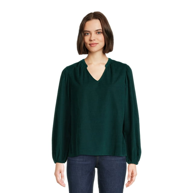 Time and Tru Women's Puff Sleeve Corduroy Top, Sizes XS-XXXL